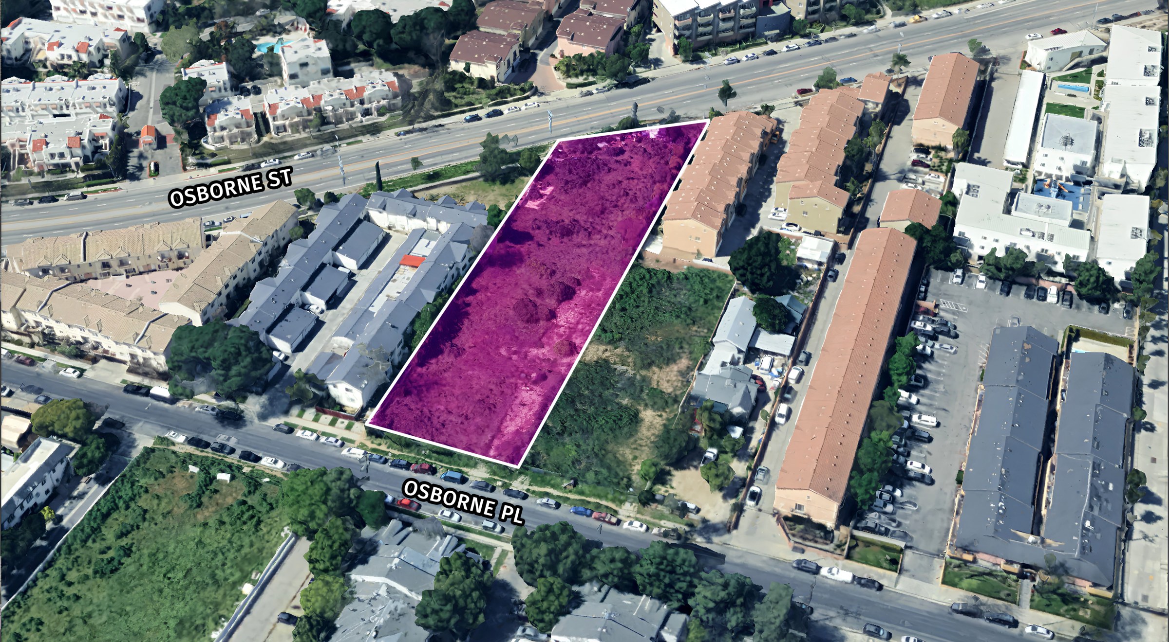 Aerial of the 46,035 SF vacant lot between Osborne St and Osborne Pl
