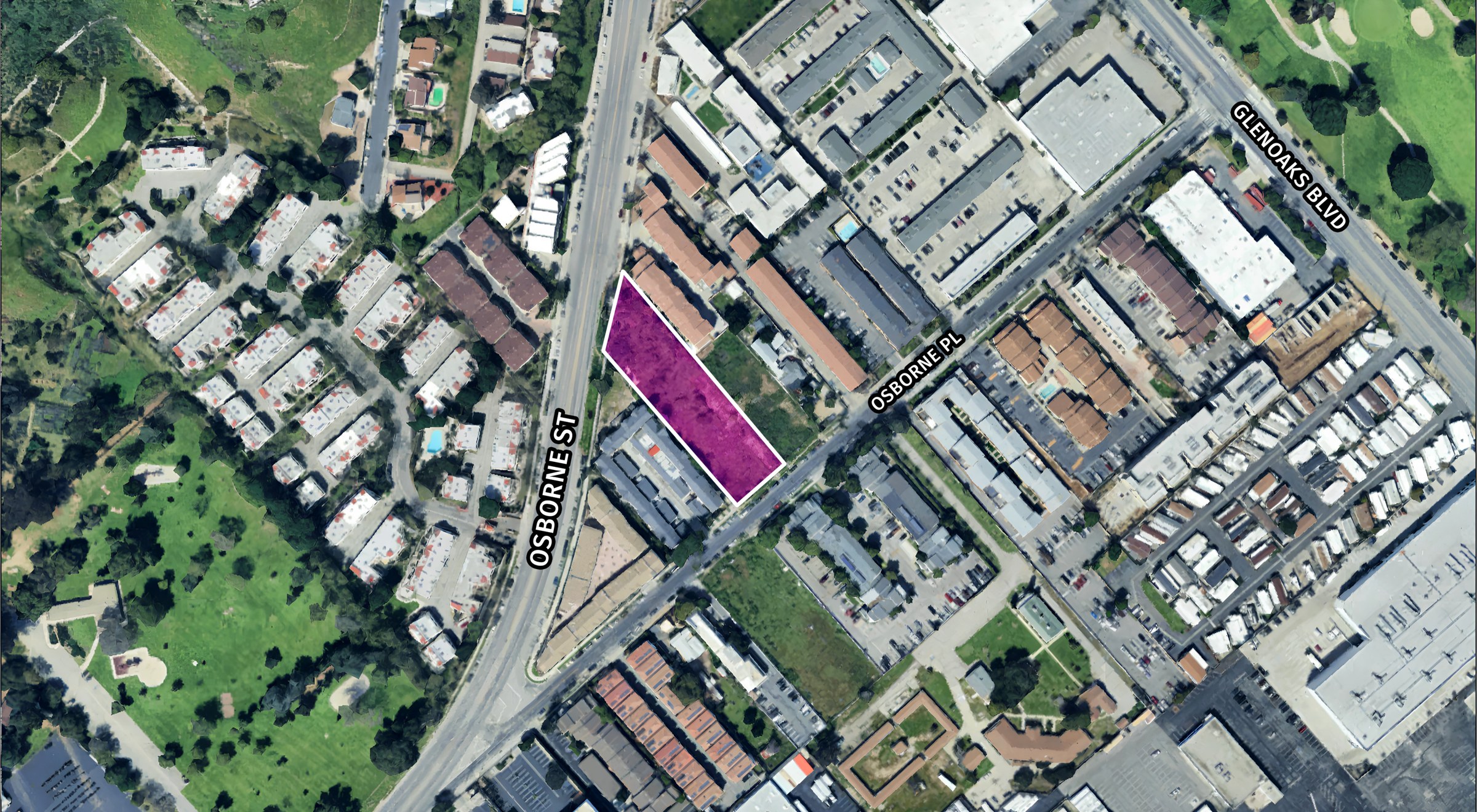 Top-down aerial of the parcel with Osborne St, Osborne Pl, and Glenoaks Blvd labeled