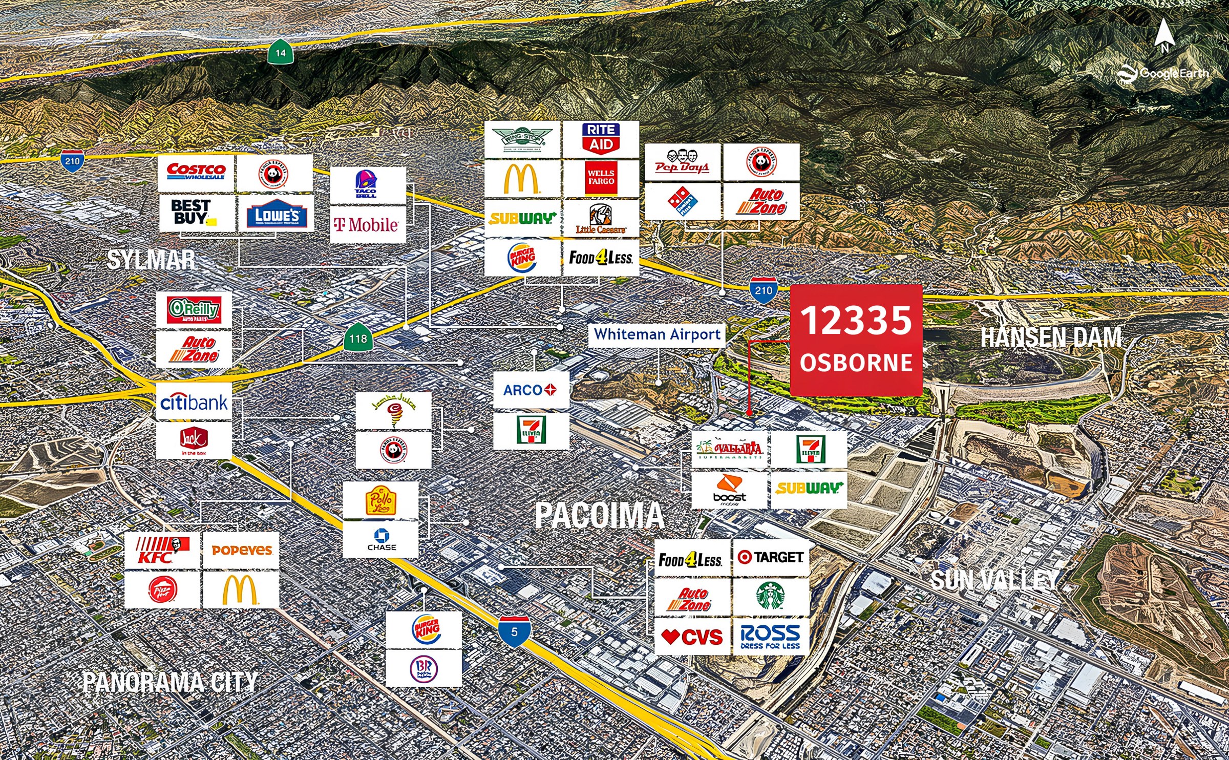 Retailer map of the northeast San Fernando Valley with the site marked between Whiteman Airport and Hansen Dam
